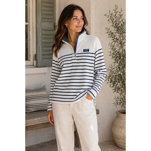 L.L.Bean Women's XL White Navy Striped Pullover 100% Cotton Nautical Top
